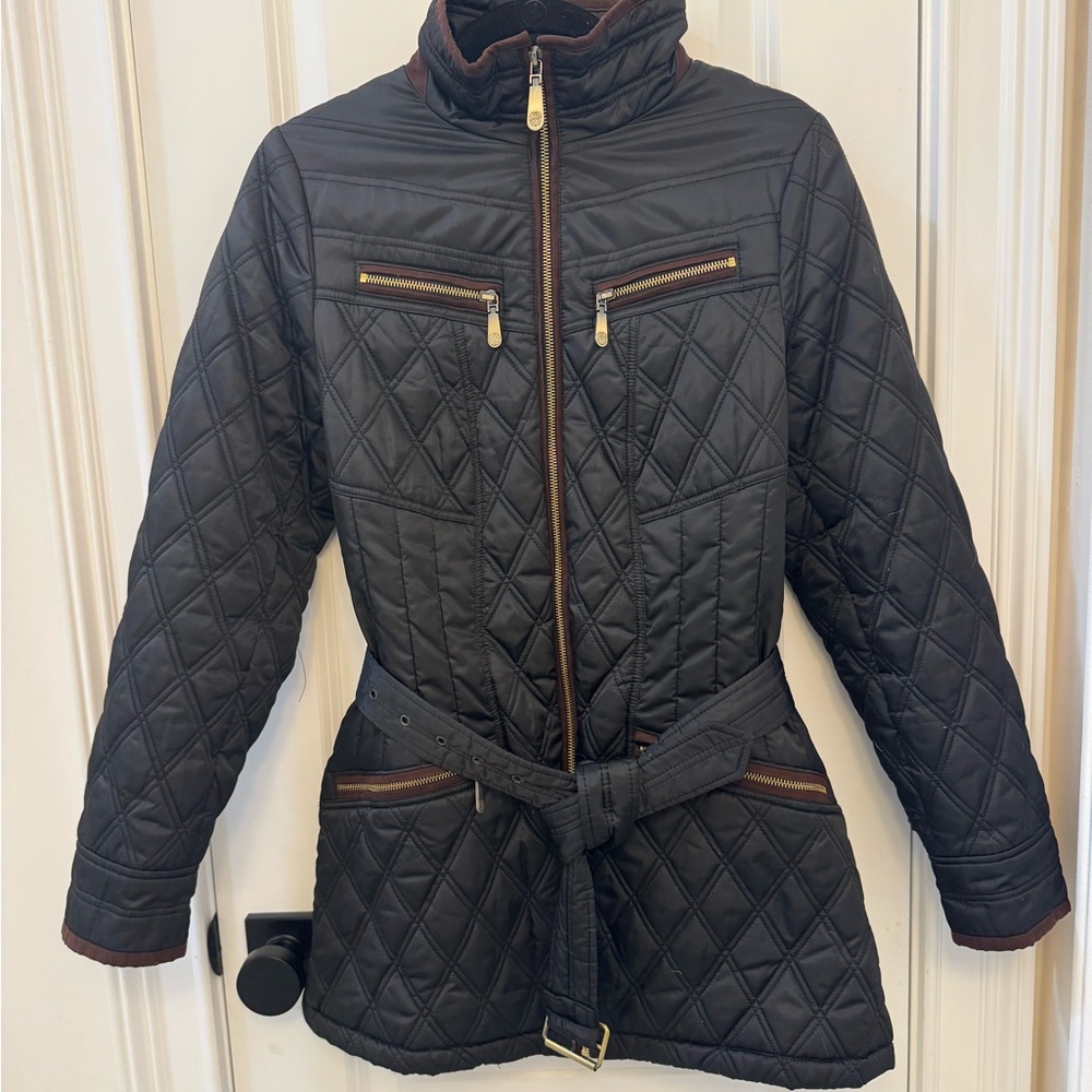 Vince Camuto Dark Gray Quilted Puffer Jacket with Belt
